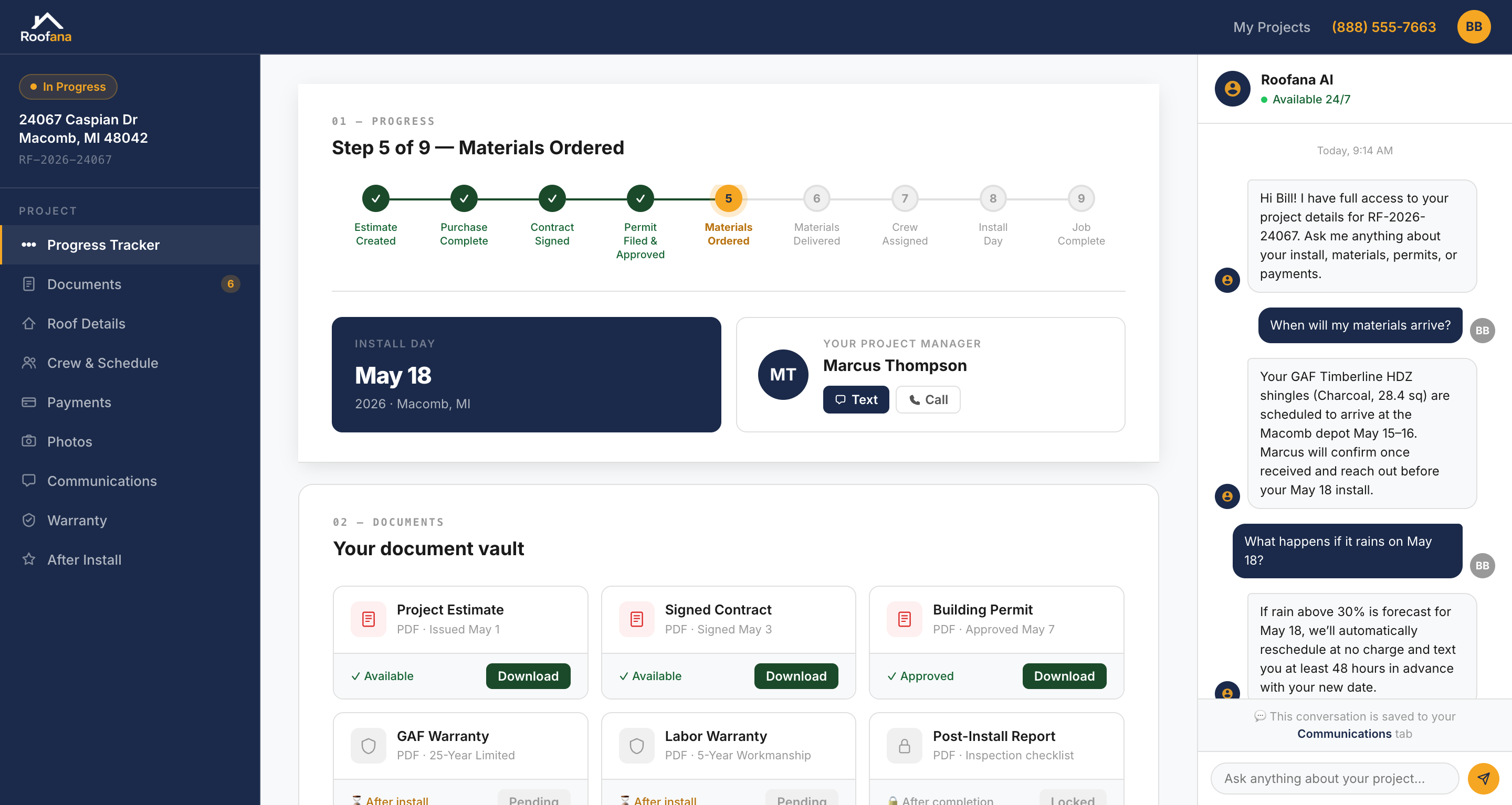 Roofana project dashboard — progress tracker, document vault, and AI chat